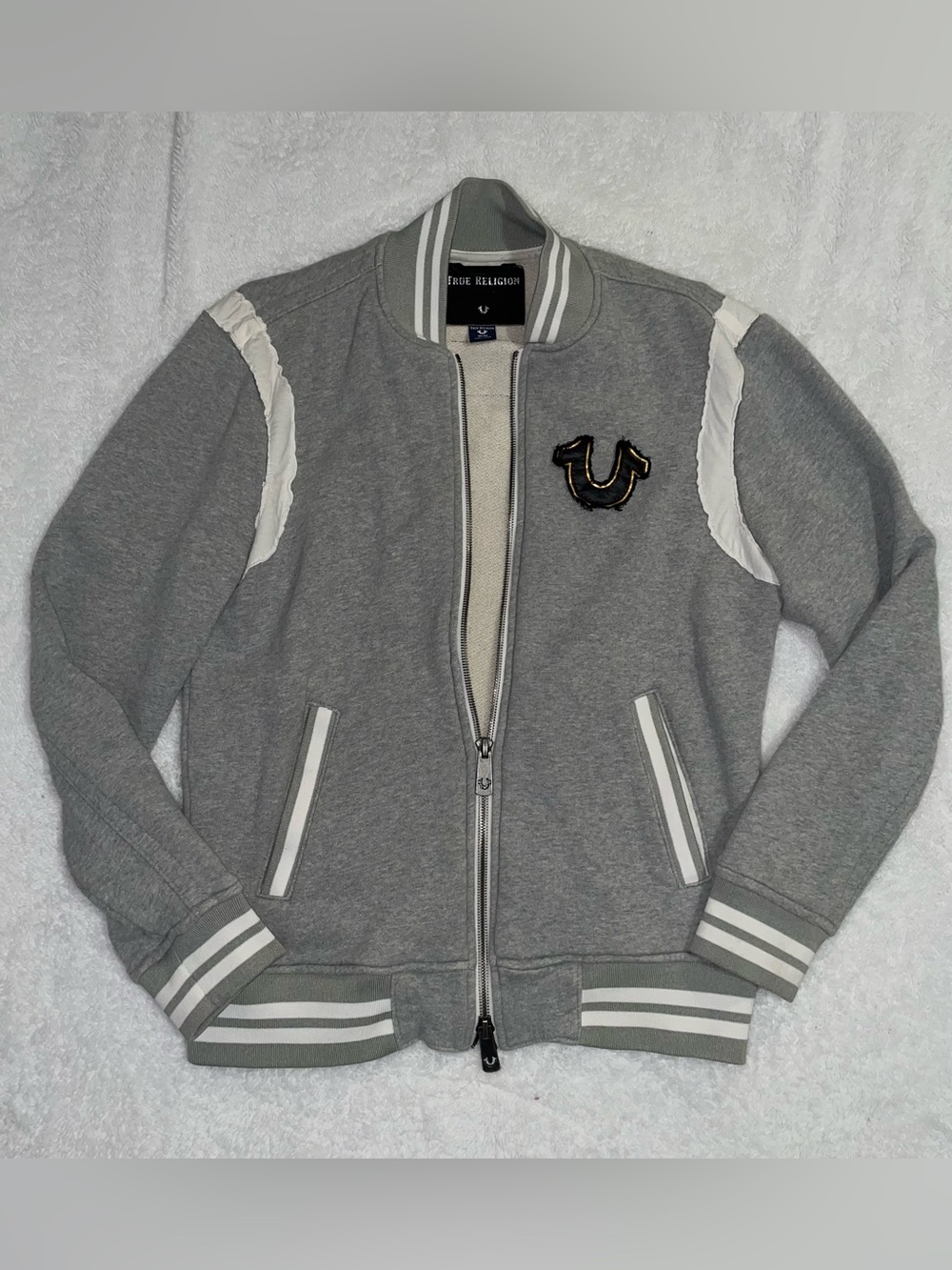 True Religion Grey Bomber Jacket with White Trim